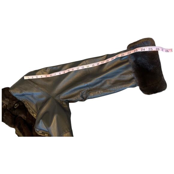 EUC Deep Brown Leather Maxi Coat With Mink Trim Whipstitch Detail Fits Wmns M/L - Picture 9 of 12